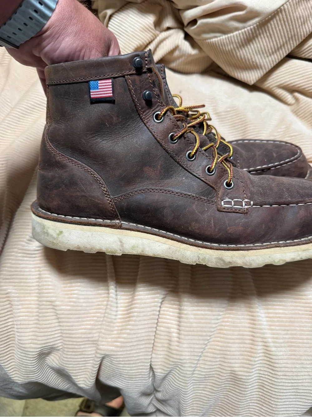 Danner Dark Brown Leather Moc Toe Work Boots with Yellow-Brown Laces